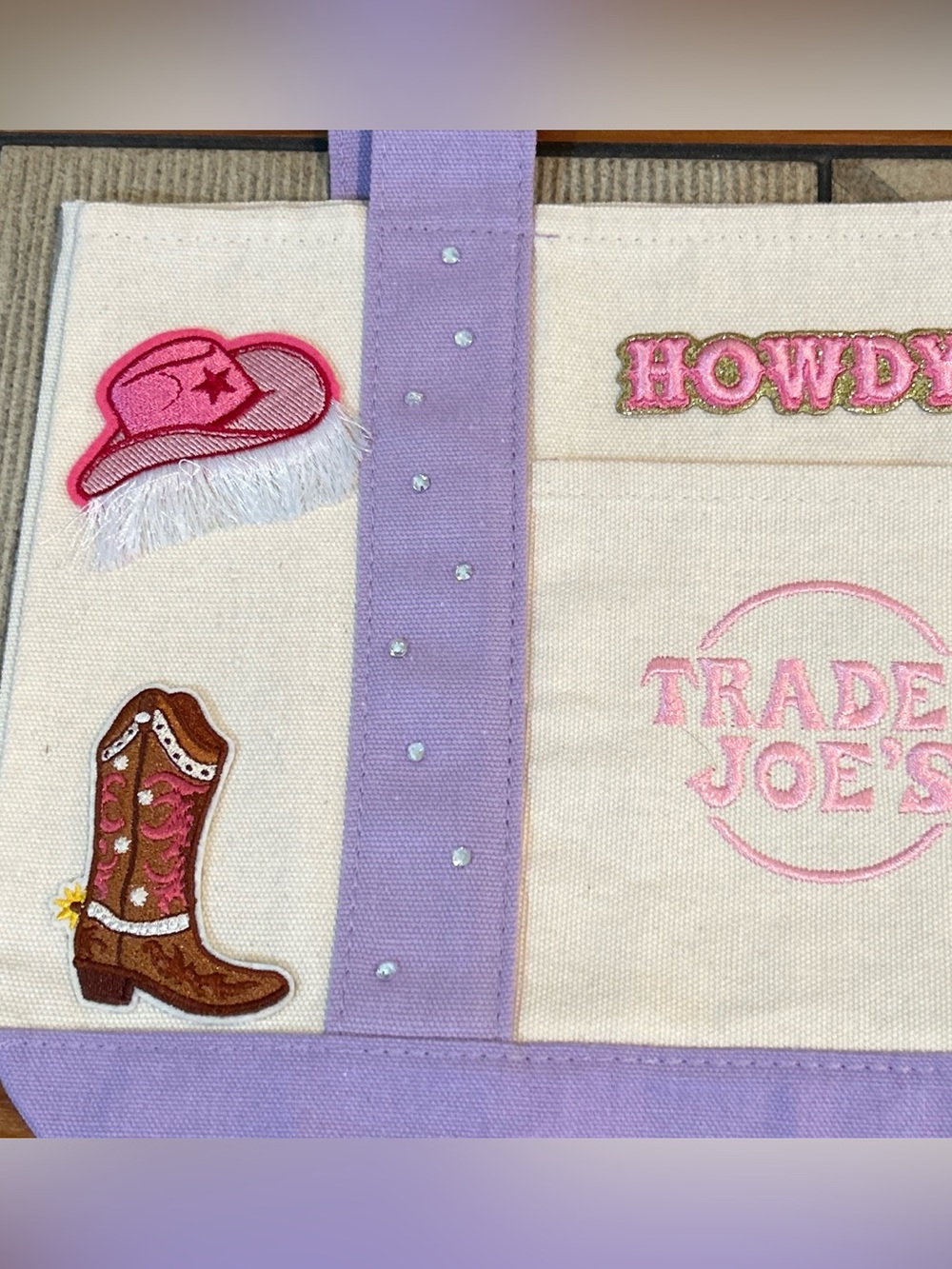 Upcycled Trader Joe's Lavender Trim Canvas Tote - 'Howdy' Patch Design - Picture 2 of 5